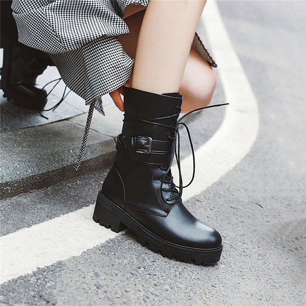 

ymechic plus size black white cross tied buckle strap block high heel lace up punk ankle biker combat boots for women