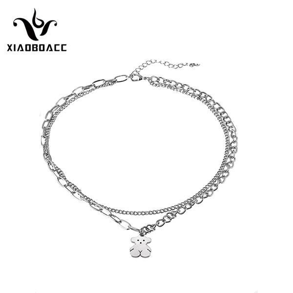 

xiaoboacc korean fashion double layer bear chain necklace, Silver