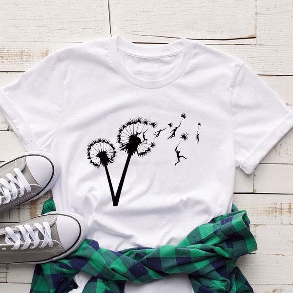 

women's t-shirt dandelion flying trapeze print shirt women's cotton o-neck short sleeve summer harajuku casual t shirt, White