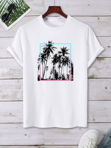 

men tropical print round neck tee b2cd#, White;black