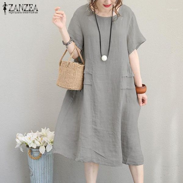 

2020 plus size zanzea summer women casual solid short sleeve vintage cotton linen loose party short sundress dress vestido femme1, White;black