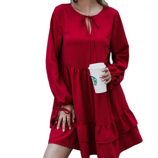 

casual dresses long sleeve women round neck ruffled hem elegant party mini dress solid autumn vestidos womens clothing y0958a1, Black;gray