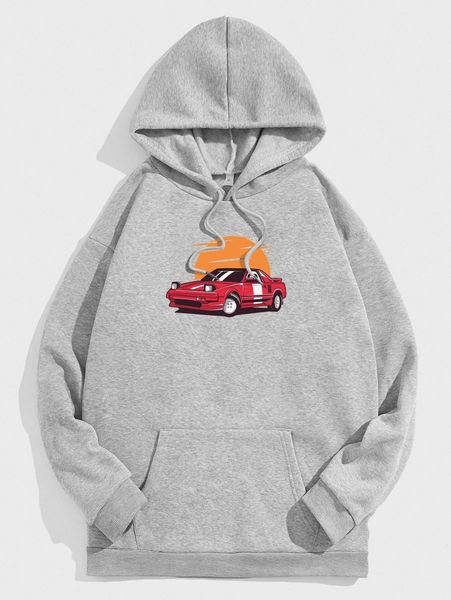

romwe guys car graphic kangaroo pocket drawstring hoodie 18mx#, Black