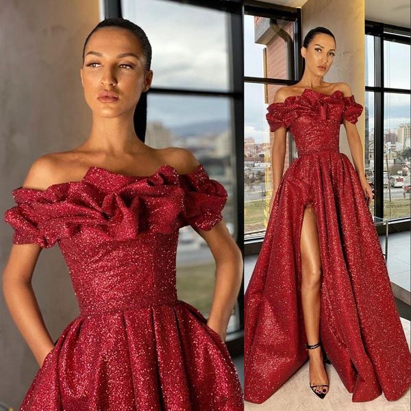 

aso ebi 2021 arabic evening dresses wear dark red sequined lace split party gowns prom dresses off the shoulder red carpet celebrity dress, Black;red