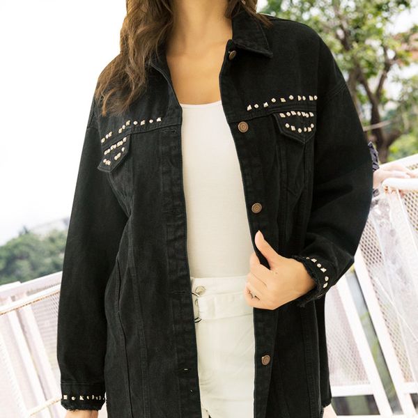 

2021 female cowboy new spring style and summer black pocket bf shirt big size loose rivet long coat 8opd, Black;brown