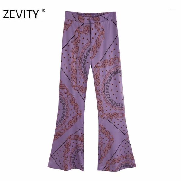 

zevity women vintage cashew nuts print flare pants female leisure zipper paisley retro trousers chic back pockets pants p9201, Black;white