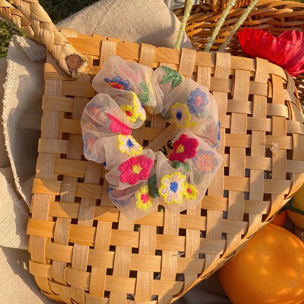 

fashion small embroidery floral printed rubber hair rope women hair accessories floral ponytail holder mesh hair scrunchies h wmtpth, Black;brown