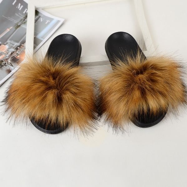 

faux fur slippers house furry slides home summer women shoes fluffy plush ladies sandals flip flops flat outdoor mule big size y200624, Black