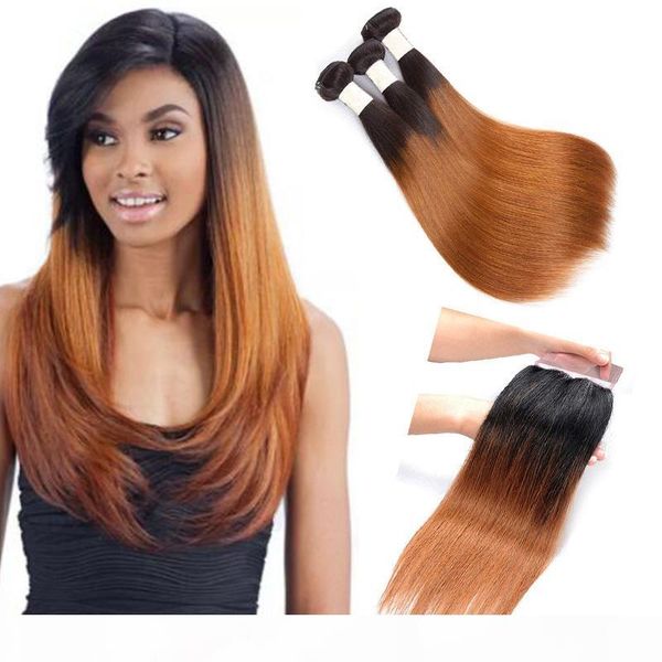 

ombre straight t1b 30# dark root auburn human hair 3 4 bundles with lace closure colored brazilian hair weave with lace closure, Black;brown