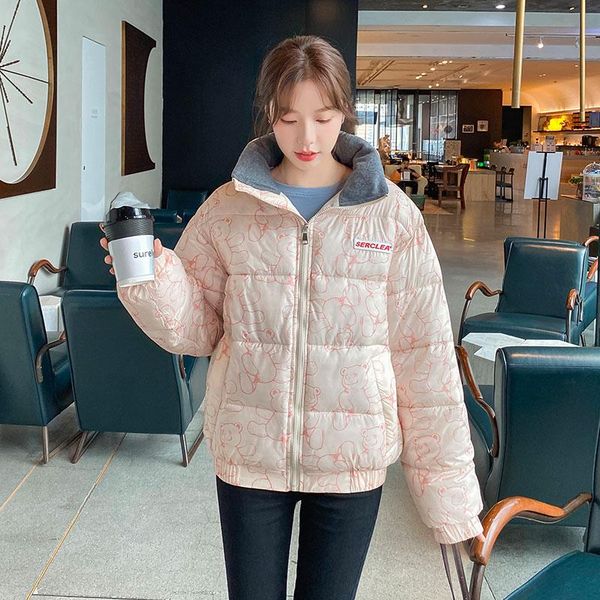 

2020 new fashion bear print short stand collar parka winter jacekt women sweet warm parka coat female casual, Black