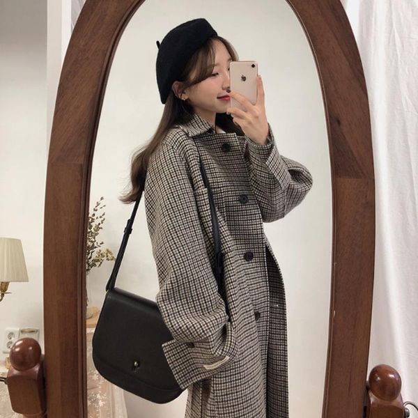 

2021 winter casual sweet plaid coat female chic houndstooth women warm plus office lady fashion woolen cotton coats, Black