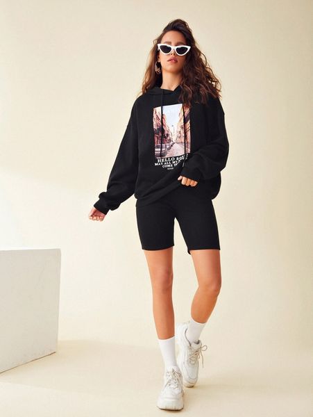 

letter and graphic print hoodie & biker shorts set b3dp#, White
