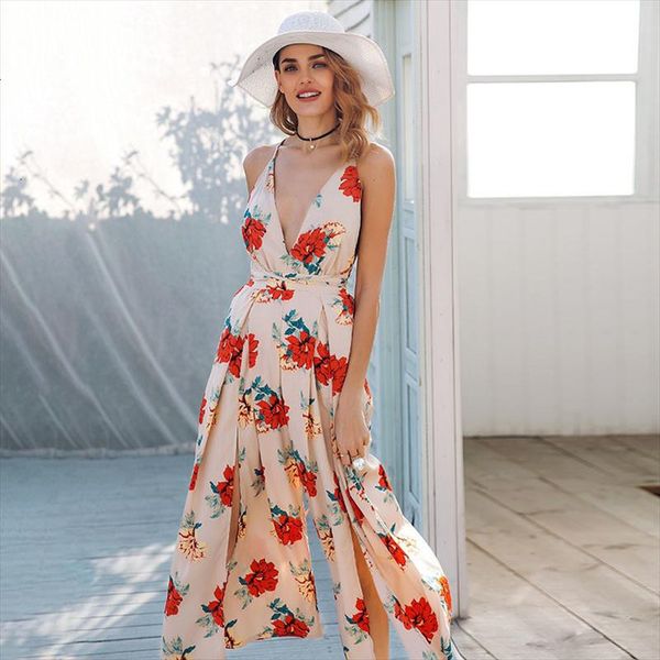 

v neck backless print jumpsuit romper women lace up halter high waist short overalls split wide leg summer jumpsuit, Black;white