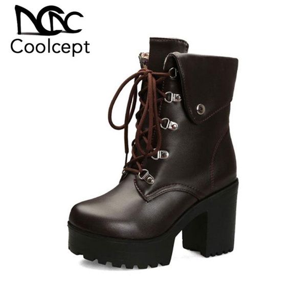 

coolcept women fashion ankle boots punk style platform thick high heels ridding boots keep warm winter lady footwear size 34-43, Black