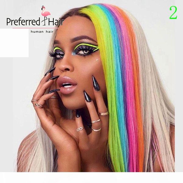 

preferred rainbow color red blue green highlight wig brazilian remy straight lace front wig ombre human hair wigs for women, Black