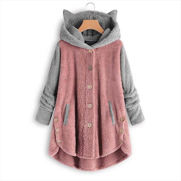 

cute cat ear hooded fleece jacket 2020 autumn winter fashion women girls warm fluffy long coat loose pockets overcoat outerwear, Black;brown