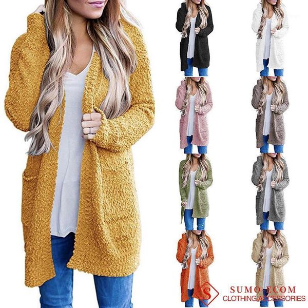 

fall winter clothing solid color open front long knited cardigan long sleeve sweater coat outwear with big pocket for women1, White