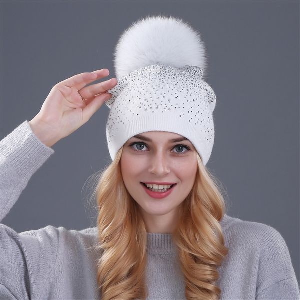 

xthree] women winter beanie hat rabbit fur wool knitted hat the female of the mink pom pom shining rhinestone hats for women t200715, Blue;gray