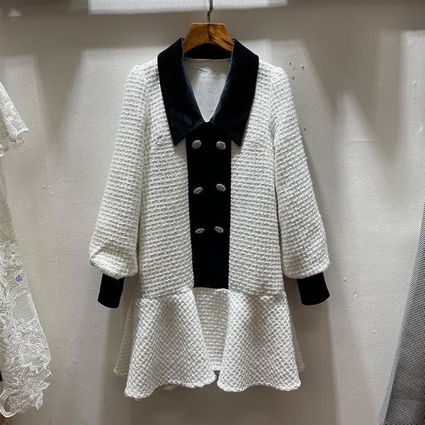 

ewq] 2021 winter female new loose casual turn down collar patchwork velour long sleeve minimalist ruffles a-line dress 8q615, Black;gray
