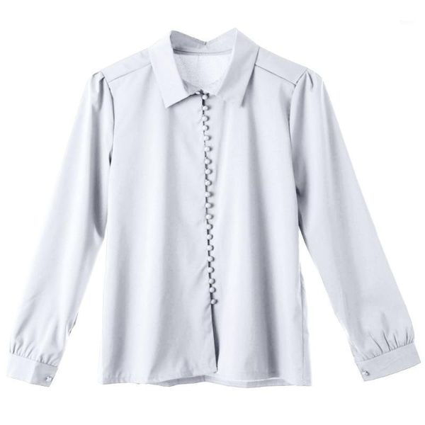 

women summer autumn solid long sleeve turn down collar button loose casual t shirt tee1, White