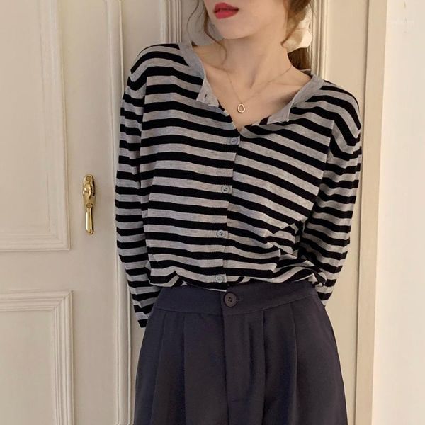 

women cardigan vintage stylish striped pattern knitted sweater fashion long sleeve english style outerwear chaqueta1, White