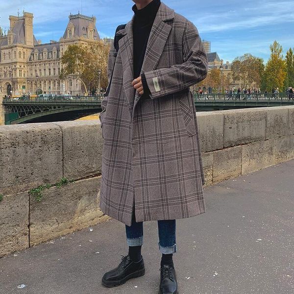 

winter thick plaid woolen coat men's warm fashion casual retro long woolen coat men korean oversize mens overcoat, Black