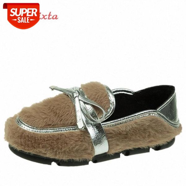 

aphixta 2020 winter furry flats women warm bling bow-knot hand stitching flat heel indoor shoes women slip-on hairy flats #ww3z