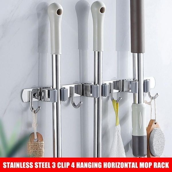 

hooks & rails broom mop holder wall mount stainless steel hanger organizer 3 racks 4 for bathroom garden tue881