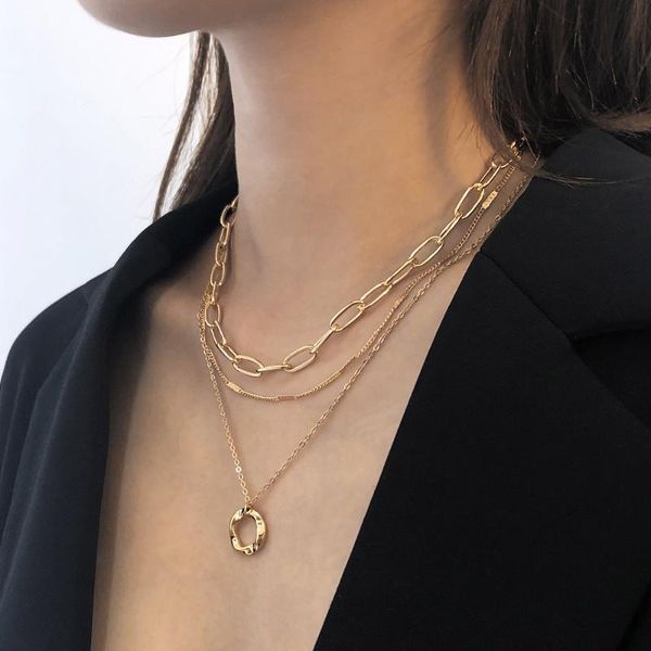 

irregular circle pendant gold color link chain long necklace for women minimalist layered necklaces choker jewelry, Silver