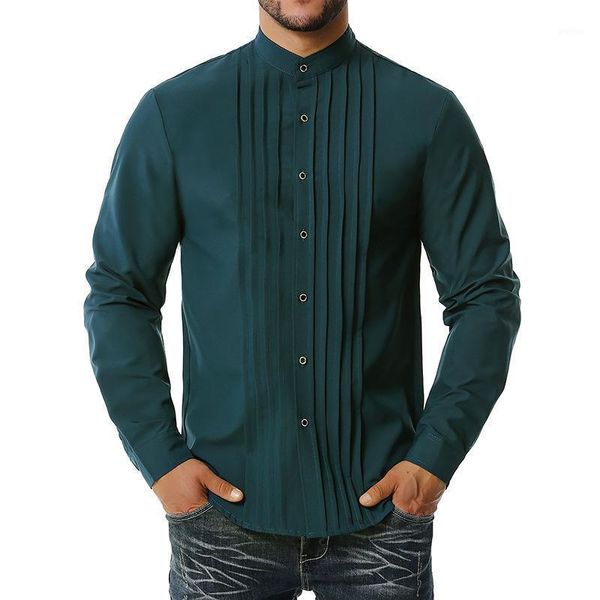 

2021 fashion new man's business pleated henley collar long sleeve men shirt 6 colors slim, White;black