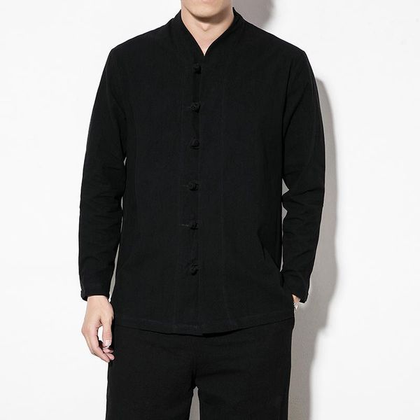 

men shirts cotton linen long sleeve casual shirts chinese style solid streetwear loose comfortable men shirt white blouse black1, White;black
