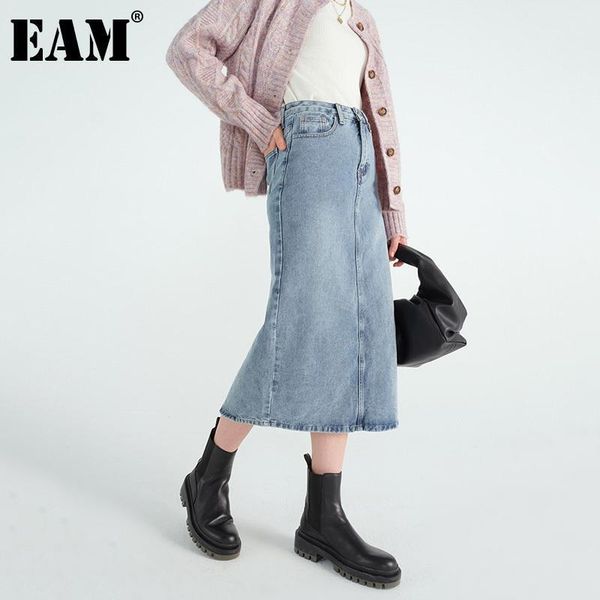 

eam] high waist blue temperament split joint denim long half-body skirt women fashion tide new spring autumn 2020 1dd13681, Black
