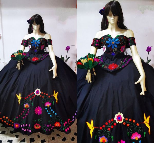 

2022 black mexico charro quinceanera dresses embroidered off shoulders with short sleeves satin formal sweet 16 dress prom ball gown, Blue;red