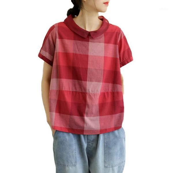 

women's t-shirt missky women tshirt plaid printing t shirt retro summer loose round collar short sleeve pullover female 1, White