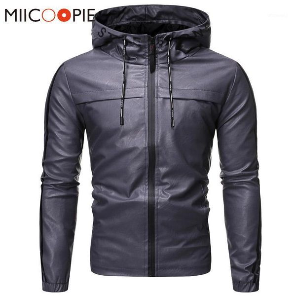 

fashion zipper leather jacket with hood men casual letter printed turtleneck chaqueta cuero hombre male solid biker jackets coat1, Black