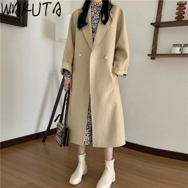 

women's wool & blends wakuta korean winter long coat ladies black slim sashes warm coats and jackets 2021 women woolen elegant chic tre