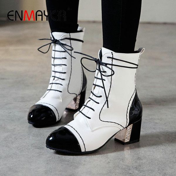 

enmayer ankle boots для женщин pu на шнуровке квадратный каблук круглые носки женские ботинки зима короткие плюшевые смешанные цвета обувь ж, Black
