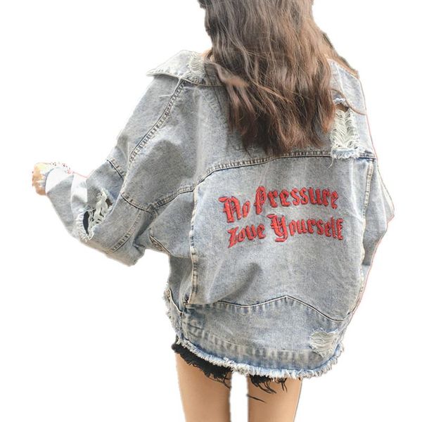 

women's jackets loose denim jacket for women letter embroidery coat casual plus size jean oversize hole basic, Black;brown