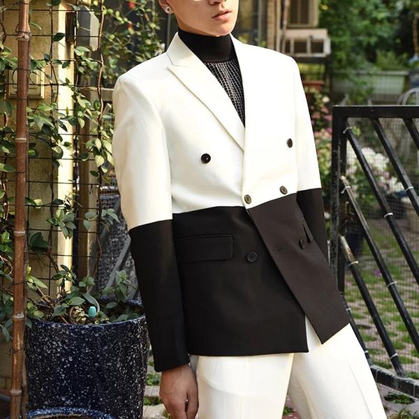 

white and black casual suits for men with double breasted 2 piece male fashion groom tuxedo boyfriend costume jacket pants, White;black
