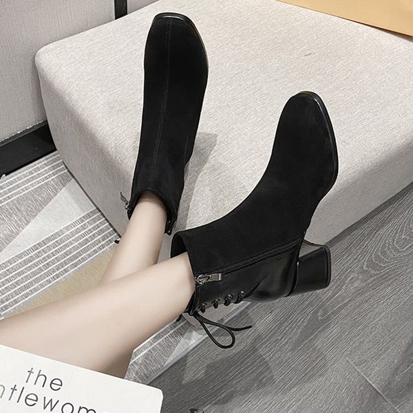 

lucyever false suede high ankle heels for women fashion cross girdle pointed to short boots elegant woman winter shoes lady u14p, Black