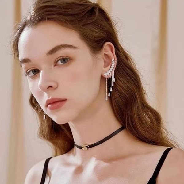 

new 925 silver needle crystal long one-piece tassel earrings ear cuff and bone clips are elegant and versatile