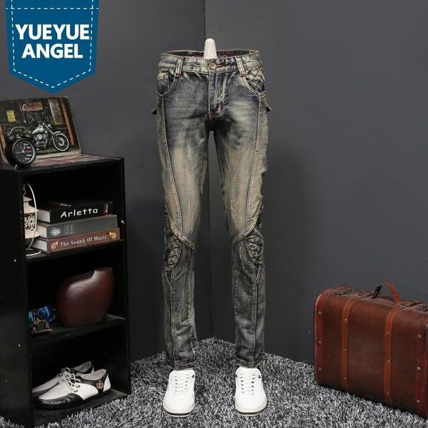 

harajuka new brand mens vintage wash distressed mens denim pants full length motorcycle bike slim fit straight plus size trouser, Blue