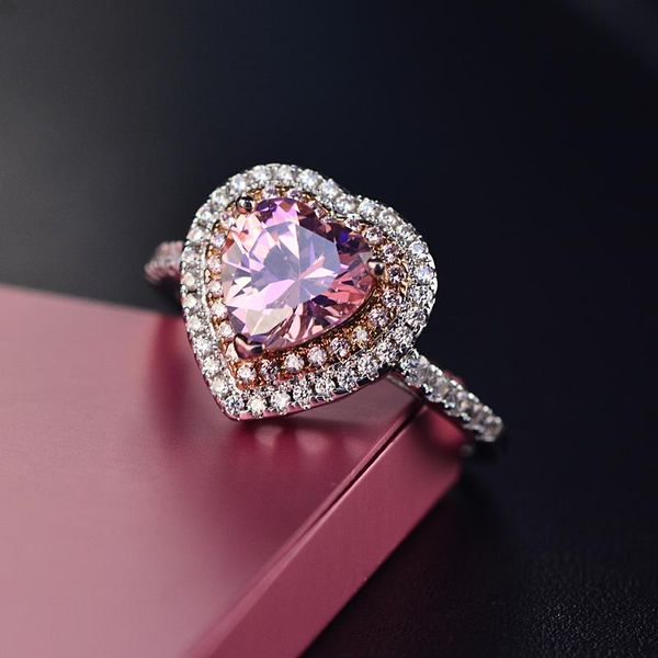 

cluster rings fashion real 925 solid sterling silver love heart pink sapphire wedding engagement for women lover ring jewelry wholesale, Golden;silver