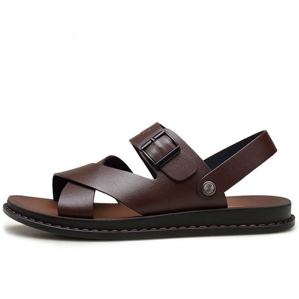 

slides shoes for men sandals genuine leather fashion comfortable leisure buckle strap shoe with box sandals mens sandal designer wholesale, Black