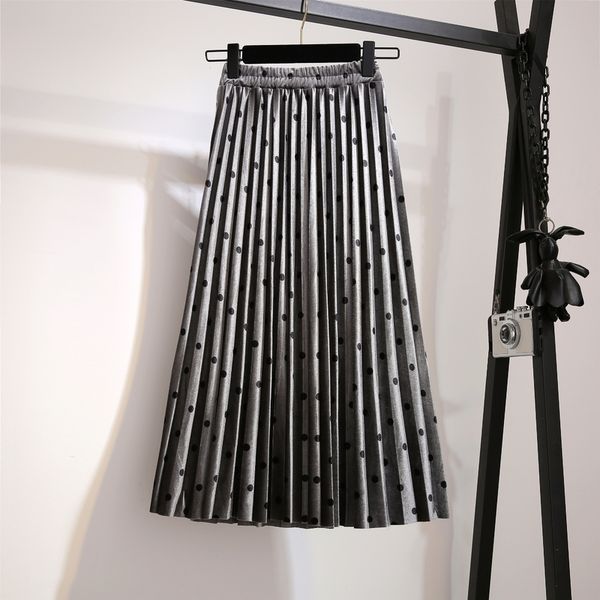 

pleated skirts women spring autumn saia midi high waist faldas mujer moda plus size jupe femme vintage velvet dots ladies skirt y200326, Black
