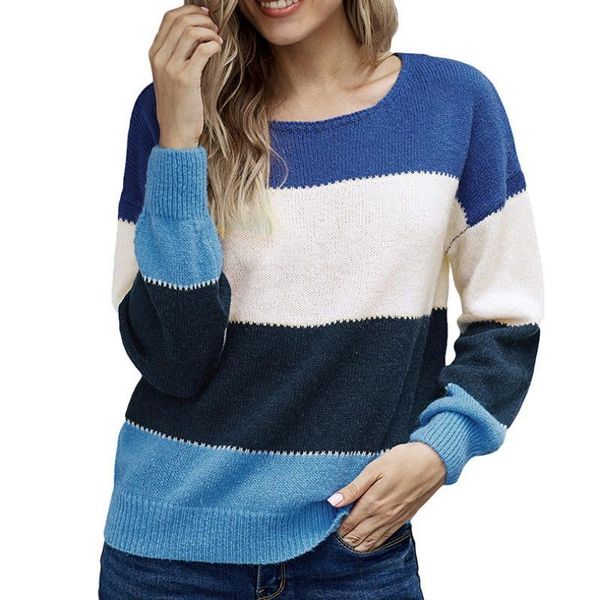 

ladies loose matching color stripe sweater fashion soft breathable pullover sweater autumn winter casual slimming warm jacket, White;black