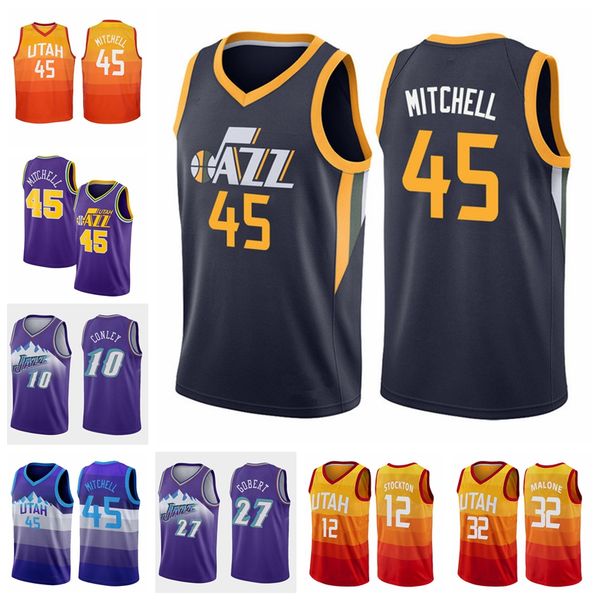 

2020 2021 new donovan 45 mitchell rudy 27 gobert john 12 stockton karl 32 malone mike 10 conley basketball jersey brown, Black;red