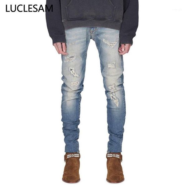 

mens stretchy ripped jeans skinny destroyed hole jeans for men streetwear slim fit men trousers casual elastic pencil denim pant1, Blue