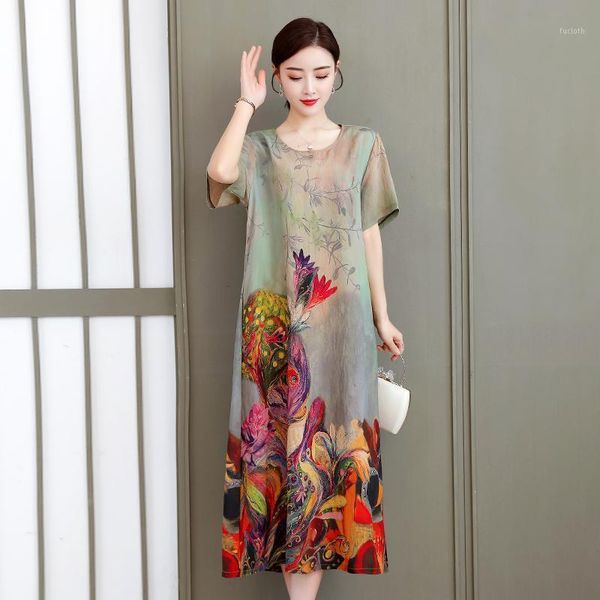 

vintage floral print summer dress women boho short sleeve long dress o-neck collar casual plus size dresses robe1, Black;gray