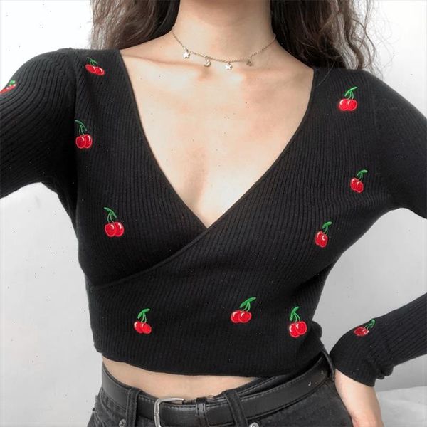 

women sweater women embroidery cherry knitted wrap rib crop knit pullover drop shipping high quality, White;black